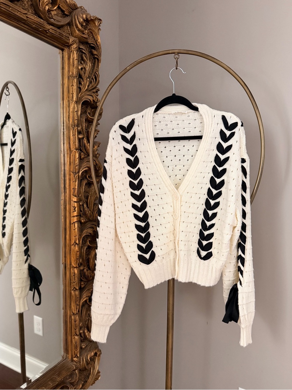 In Loom Cream Cardigan with Black Ribbon Weave and Bow Details